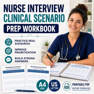 May include: A nurse interview preparation workbook with the title "NURSE INTERVIEW CLINICAL SCENARIO PREP WORKBOOK". The workbook includes practice scenarios, prioritization improvement, and answer building. The image also shows A4 size and US Letter options.