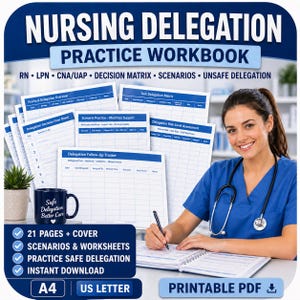 Op de afbeelding: Een oefenwerkboek voor verpleegkundige delegatie met de titel "Nursing Delegation Practice Workbook" en de tekst "RN, LPN, CNA/UAP, Decision Matrix, Scenarios, Unsafe Delegation." De afbeelding bevat een vrouw in scrubs, een mok en werkbladen.