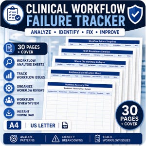 Può includere: Documento digitale "Clinical Workflow Failure Tracker" in blu e bianco. Include fogli di analisi del flusso di lavoro, un sistema di revisione del flusso di lavoro e un piano di ripristino. Il documento è di 30 pagine ed è disponibile per il download immediato.