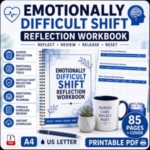 May include: A spiral-bound Emotionally Difficult Shift Reflection Workbook with blue watercolor accents, a white mug with the text Nurses Care. Reflect. Reset., a small succulent in a gray pot, a blue pen, and printable A4 and US Letter PDF pages.