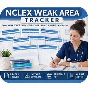 NCLEX Utskrivbar spårare för svaga områden | Studieplanerare och provspårare för omvårdnad | Fellogg, omtestframsteg, beredskapskontroll i PDF-format