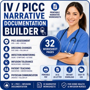 May include: An IV/PICC narrative documentation builder featuring 32 printable worksheet pages. The text includes PICC assessment, dressing changes, infection monitoring, infusion tolerance, patient teaching, and physician communication sections.