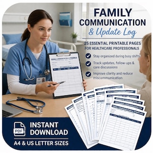 Peut inclure: Une professionnelle de la santé présente un registre de communication et de mise à jour familiale. L'image comprend un stéthoscope, des pages imprimées et le texte : "25 pages imprimables essentielles pour les professionnels de la santé." Téléchargement instantané, formats A4 et US Letter.