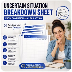May include: An "Uncertain Situation Breakdown Sheet" with the text "From Confusion to Clear Action." The sheet includes sections for immediate action, possible causes, and what to check. A woman smiles while holding a pen near the sheet. The sheet is designed to help with work, life, and decisions.