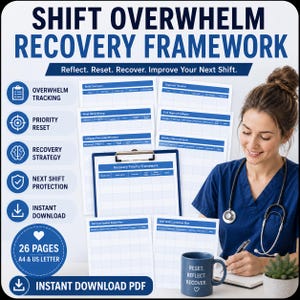 May include: A digital download titled "SHIFT OVERWHELM RECOVERY FRAMEWORK." The image features a woman in scrubs, alongside worksheets and a mug that reads "RESET. REFLECT. RECOVER." The framework includes sections for tracking, priority reset, and recovery strategy.
