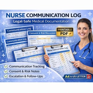 Registro delle comunicazioni infermieristiche stampabile | Modello di documentazione medica | Strumento di monitoraggio delle comunicazioni paziente-famiglia | Note infermieristiche legali e sicure in formato PDF