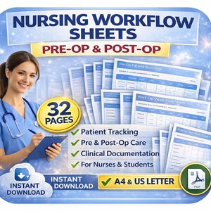 Hojas de trabajo de enfermería preoperatoria y postoperatoria | Planificador de enfermería quirúrgica | Plantillas de monitorización de pacientes | PDF imprimible | A4 y tamaño carta estadounidense