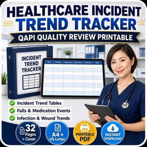 May include: A Healthcare Incident Trend Tracker QAPI Quality Review printable set featuring a blue binder, a digital tablet displaying a tracking table, and text including Incident Trend Tables, Falls & Medication Events, and Infection & Wound Trends.
