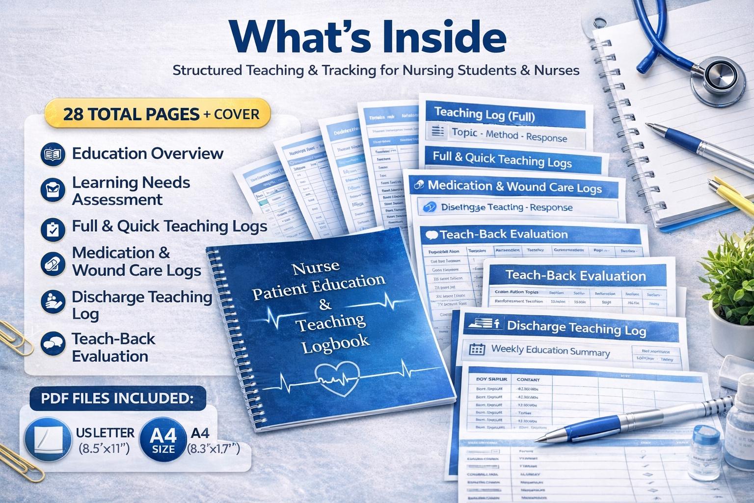 Nursing Patient Education Logbook Printable PDF | Clinical Rotation Planner | Teaching Log ...