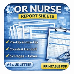 Puede incluir: Descarga digital de hojas de informe de enfermera de quirófano. La imagen muestra una pila de hojas de informe, una carpeta con una lista de verificación y el texto "Pre-Op & Intra-Op", "Counts & Handoff" y "32 Pages + Cover". La imagen también incluye el texto "A4 & US LETTER" y "PRINTABLE PDF".