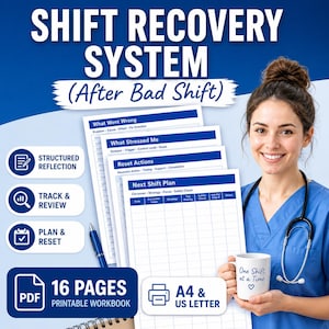 Może przedstawiać: Drukowany zeszyt ćwiczeń o objętości 16 stron zatytułowany "SHIFT RECOVERY SYSTEM (After Bad Shift)". Zeszyt zawiera sekcje do uporządkowanej refleksji, śledzenia i planowania. Obrazek przedstawia również kubek z napisem "One Shift at a Time."