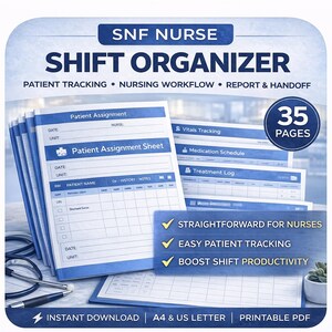 Op de afbeelding: Een blauw-witte SNF Nurse Shift Organizer met de tekst "Patient Assignment Sheet" en "35 Pages". Bevat patiëntvolgsysteem, workflow voor verpleegkundigen en rapportage & overdracht. Kenmerken zijn eenvoudig gebruik, eenvoudige patiëntvolging en verhoogde ploegproductiviteit.