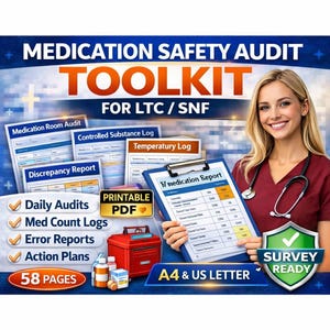 Medication Safety Audit Toolkit for LTC SNFs | Medication Count Log, MAR Audit, Compliance Templates, Crash Cart Checklist
