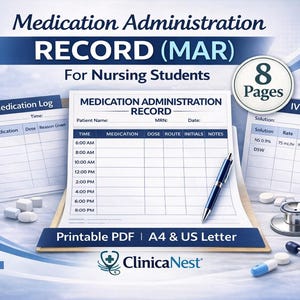 May include: A medical record sheet titled "Medication Administration Record (MAR)" for nursing students. The image includes a pen, stethoscope, pills, and logs for PRN medications and IV fluids. The text reads "Printable PDF | A4 & US Letter."