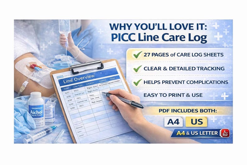 PICC Line Care Log Printable PDF | Central Line Tracker | Nursing Documentation Sheets | IV Care ...