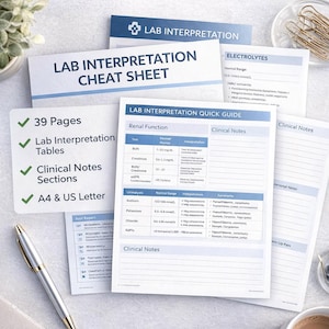Puede incluir: Hojas de trucos de interpretación de laboratorio impresas con acentos azules, que incluyen una guía rápida y secciones de notas clínicas. Las hojas son blancas y presentan información médica. También se ve un bolígrafo y una taza de café.