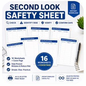 Puede incluir: Un documento blanco titulado "SECOND LOOK SAFETY SHEET" con listas de verificación y el texto "16 Worksheets + Cover Page". Incluye el mensaje "Descarga instantánea". Se ve un bolígrafo y una pequeña planta.