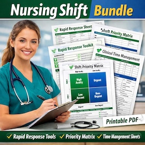 Paquete de gestión de turnos de enfermería | Kit de herramientas de respuesta rápida, matriz de prioridades y hojas de gestión del tiempo | PDF imprimible de enfermería de UCI