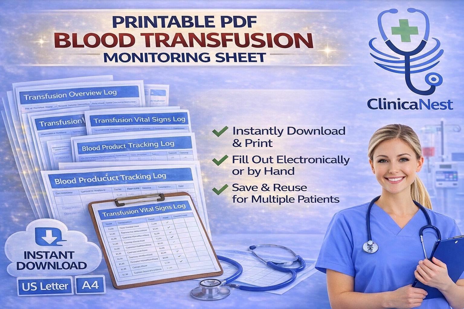 Blood Transfusion Monitoring Sheet Printable PDF, Nursing Clinical Log ...