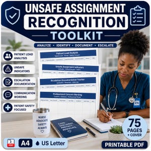 Puede incluir: Un kit de herramientas PDF imprimible para enfermeras, titulado "Unsafe Assignment Recognition Toolkit". La imagen muestra a una enfermera escribiendo en un bloc de notas, con documentos para el análisis de la carga de trabajo del paciente, indicadores inseguros y documentación de escalada.