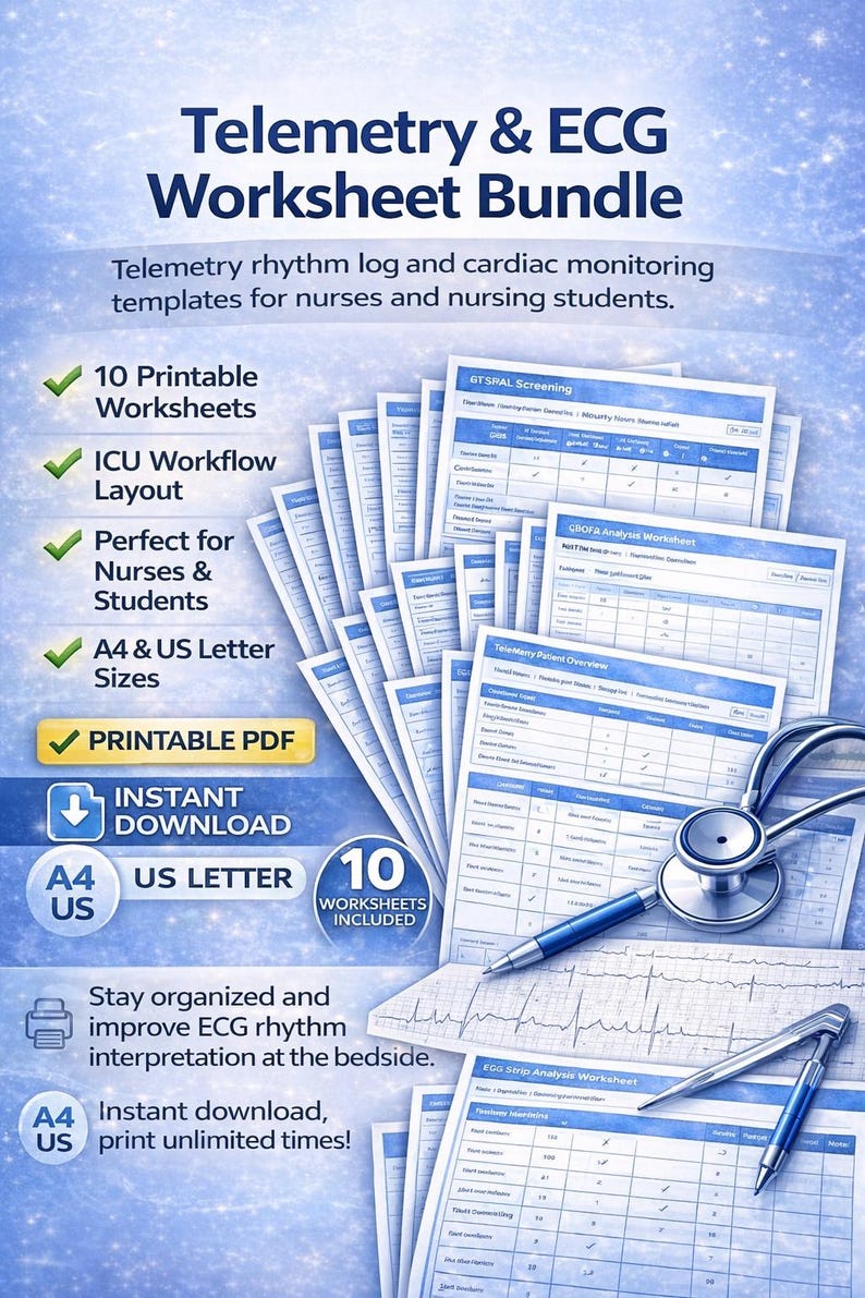 Telemetry Rhythm Log Printable | ECG Worksheet | Cardiac Monitoring ...