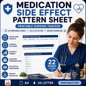 May include: A printable nursing tracker titled "Medication Side Effect Pattern Sheet." The blue and white design includes sections for tracking side effects, timing, severity, and provider communication. Includes 22 pages, A4 & US Letter sizes, and instant download.