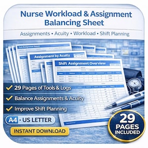 May include: A stack of printed sheets titled "Nurse Workload & Assignment Balancing Sheet" with the text "Assignments, Acuity, Workload, Shift Planning." The image includes a pen, a watch, and the text "29 Pages Included."