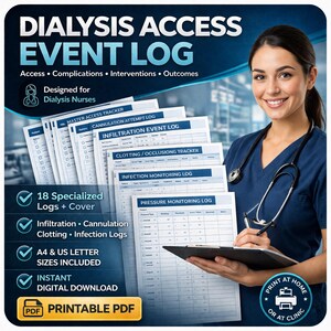 May include: A digital PDF for a dialysis access event log, designed for dialysis nurses. The log includes 18 specialized logs, including infiltration, cannulation, clotting, and infection logs. Available in A4 and US letter sizes. Instant digital download.