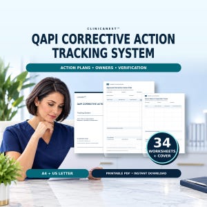 May include: A QAPI Corrective Action Tracking System document set featuring 34 worksheets and a cover. The pages include an Approved Corrective Action Plan and an Action Status & Target-Date Tracker. The system is available as a printable PDF.