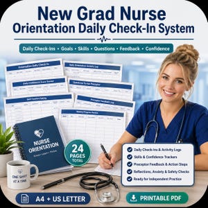 Könnte beinhalten: Ein Orientierungssystem für neue Krankenschwestern mit dem Text "New Grad Nurse Orientation Daily Check-In System". Das Bild zeigt ein Notizbuch, Arbeitsblätter, eine Kaffeetasse und ein Stethoskop. Das System umfasst insgesamt 24 Seiten.