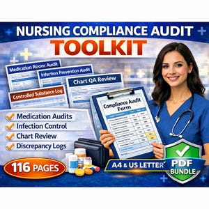 Pode incluir: Imagem de um "Nursing Compliance Audit Toolkit" com uma mulher de uniforme azul segurando uma prancheta. O kit de ferramentas inclui documentos para auditorias de medicamentos, controle de infecções e revisões de gráficos. A imagem também apresenta um rótulo "PDF Bundle" e o texto "116 Páginas".
