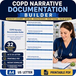 May include: A COPD Narrative Documentation Builder set featuring a white binder cover and multiple printable worksheet pages with blue headers. The text includes COPD Narrative Documentation Builder, 32 Worksheet Pages, and A4 & US Letter.
