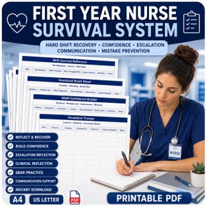 May include: A printable PDF titled "FIRST YEAR NURSE SURVIVAL SYSTEM" with forms for shift reflection, emotional reset, SBAR confidence building, and escalation tracking. The image includes a nurse writing on a notepad, with the words "REFLECT & RECOVER" and "INSTANT DOWNLOAD".