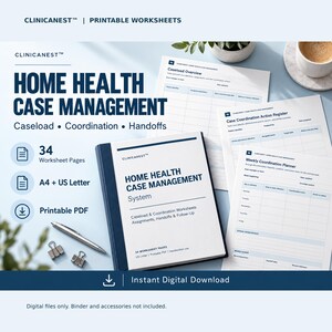 May include: A set of printable Home Health Case Management worksheets by Clinicanest. The collection includes 34 pages in A4 and US Letter sizes, featuring a Caseload Overview, Case Coordination Action Register, and Weekly Coordination Planner.