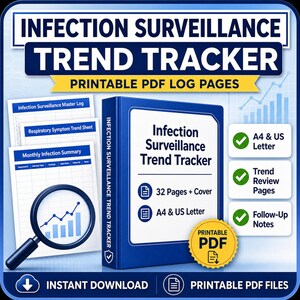 May include: A digital Infection Surveillance Trend Tracker printable PDF log set featuring a blue binder, multiple log pages, a magnifying glass icon with a bar graph, and text labels including A4 & US Letter, 32 Pages + Cover, and Instant Download.