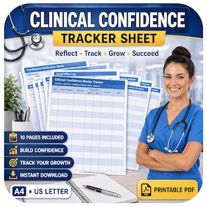 May include: A digital download titled "Clinical Confidence Tracker Sheet." The image features a smiling healthcare professional, a stack of worksheets, and text that reads "Reflect, Track, Grow, Succeed." Includes 10 pages, build confidence, and instant download.
