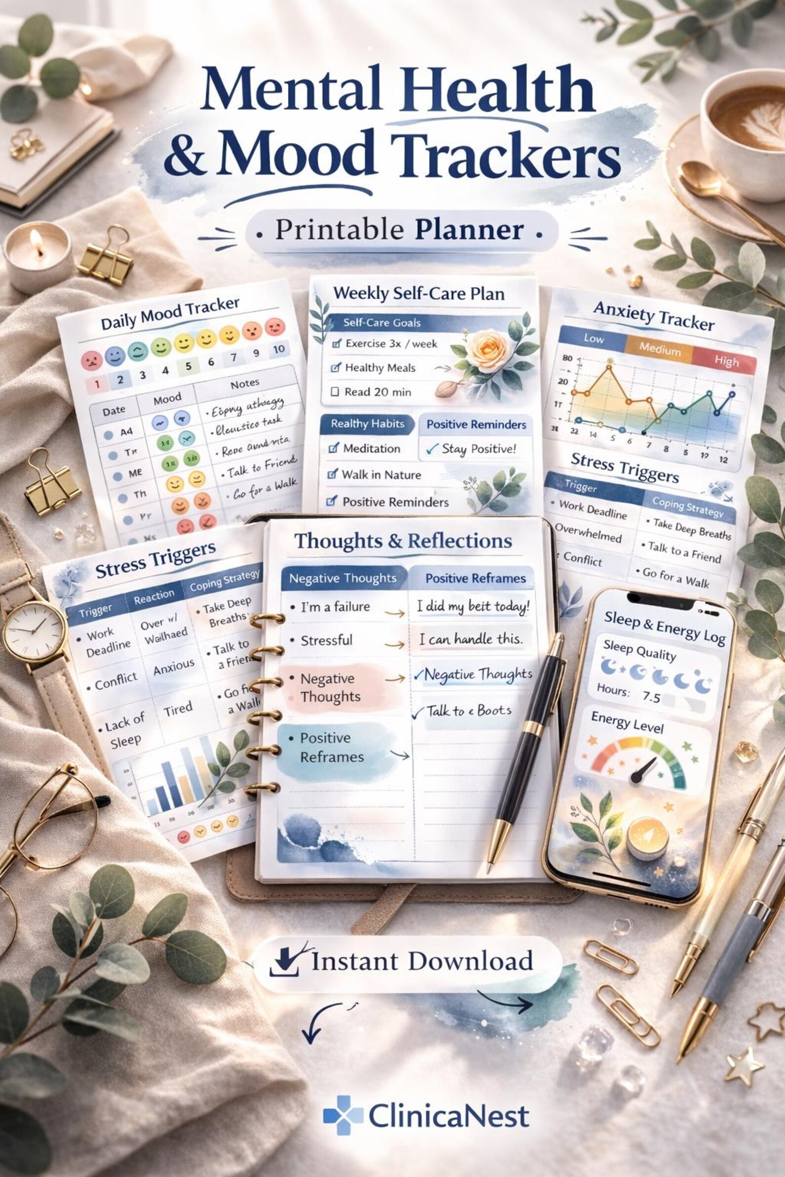 Mental Health | Mood Tracker Printable | Anxiety | Stress | Sleep Log ...
