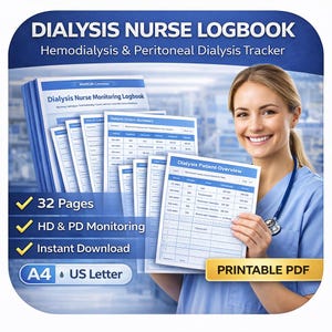 May include: A stack of white logbooks with blue text, titled "DIALYSIS NURSE LOGBOOK." The logbook includes sections for hemodialysis and peritoneal dialysis tracking. Features include 32 pages, HD & PD monitoring, and instant download. The logbook is available in A4 and US Letter sizes.