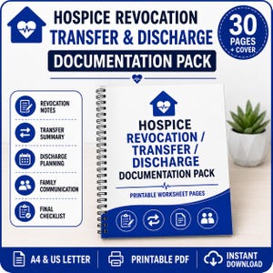 Puede incluir: Un paquete de documentación encuadernado en espiral titulado Hospice Revocation, Transfer & Discharge Documentation Pack. La portada muestra un icono de casa azul con un corazón y una línea de pulso, indicando 30 páginas más portada. Incluye secciones para notas, resúmenes de transferencia, planificación de alta, comunicación familiar y listas de verificación.