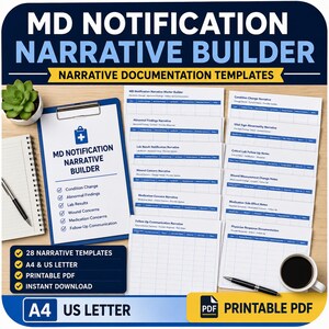 Puede incluir: Una colección de plantillas de documentación MD Notification Narrative Builder que incluye un portapapeles azul con una lista de verificación, varios formularios impresos para notas clínicas, un cuaderno de espiral, un bolígrafo y café.
