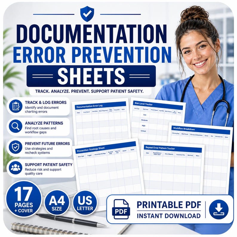 May include: An image promoting documentation error prevention sheets. The image shows a healthcare professional and several sheets with charts and tables. Text includes "Documentation Error Prevention Sheets" and "Printable PDF Instant Download."