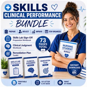 Könnte beinhalten: Ein Paket von Arbeitsbüchern für Krankenpflegeschüler mit dem Titel "Skills Clinical Performance Bundle". Das Bild zeigt eine lächelnde Frau in Arbeitskleidung, die ein Arbeitsbuch hält. Das Paket enthält ein Skills Lab-Arbeitsbuch, ein Clinical Judgment-Arbeitsbuch und ein Remediation Plan-Toolkit.