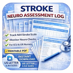 Stroke Neuro Assessment Log Printable PDF, NIH Stroke Scale Tracker, Nursing Clinical Worksheet, Neuro Monitoring Sheet, ICU Er Tool
