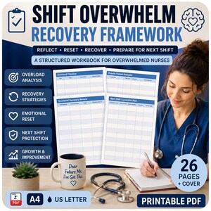 May include: A printable PDF workbook titled "Shift Overwhelm Recovery Framework" for nurses. The image shows a nurse writing in the workbook, along with a mug, stethoscope, and a small plant. The workbook includes sections for reflection, reset, and recovery.