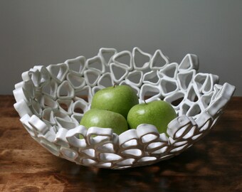 Fruit bowl white large handmade OOAK, Particle series by Golem