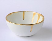 White & gold accent porcelain bowl, hand painted rim for snacks, jewelry, ring bearer bowl.