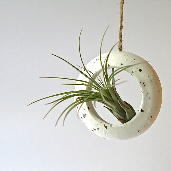 Handmade small  white round hanging O-planter. Terrarium, rustic home decor, air plant, hanging contemporary planter.