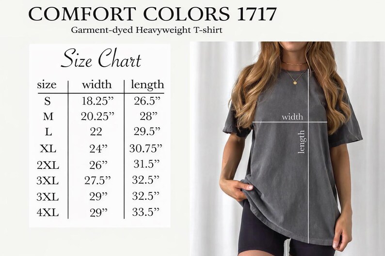 Puede incluir: Una camiseta Comfort Colors 1717 gris oscuro, te&ntilde;ida en prenda, de peso pesado. La imagen incluye una tabla de tallas con medidas en cm para las tallas S a 4XL. Una persona lleva la camiseta, con medidas de ancho y largo indicadas.