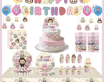 Fluffy Bunny Plush Birthday Party Decoration Set with Cake Toppers, Balloons, Plates, Gift Bags, backdrop