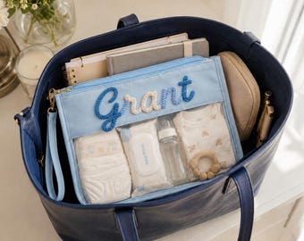 Personalisierte Baby Organizer Tasche Klarfenster Windel Aufbewahrung mit benutzerdefinierten Namen und Handschlaufe